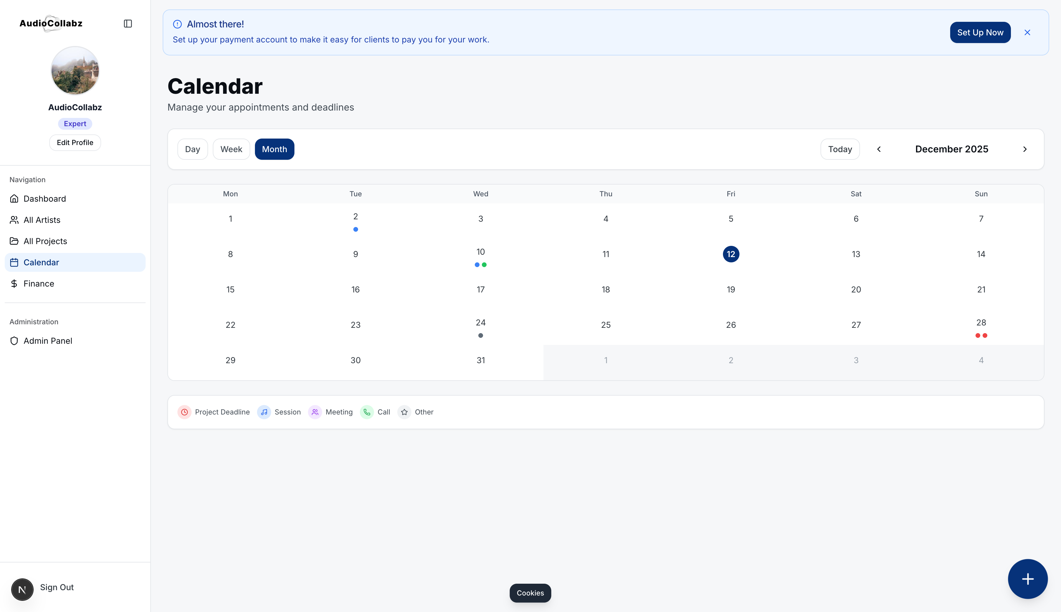 AudioCollabz calendar view showing project deadlines, sessions, meetings, and appointments in a monthly calendar format