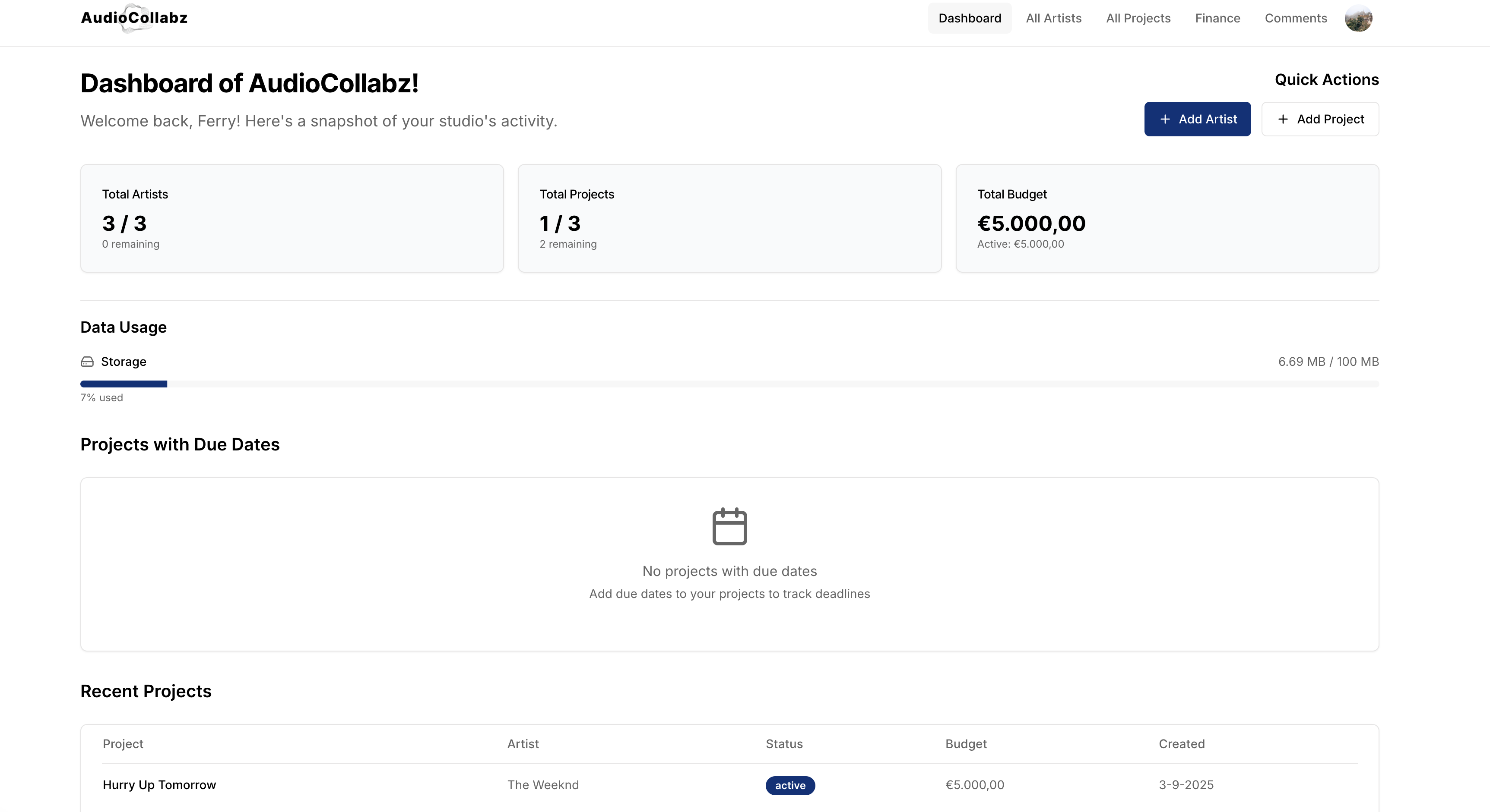 AudioCollabz dashboard interface showing project overview, recent activities, client management, and deadline tracking features